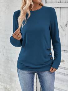 EMERY ROSE Camiseta casual de manga larga con cuello redondo de unicolor para mujer, con botones a los lados y diseño fruncido, para primavera y otoño - Agua verde azul - Ver 5