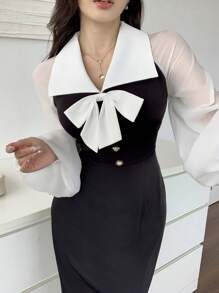 Modelyn Women's Elegant Turn-Down Collar Twist-Knot Contrast Color Long Sleeve Midi Dress