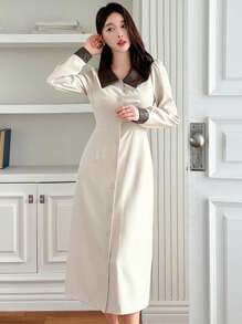 DAZY Elegant Patchwork PU Leather Collar Single-Breasted Lace-Up Waist Long Sleeve Dress