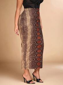SHEIN BAE Plus Size Herfst Elegante Sexy Vrouwen Dierenprint Slangenprint Mesh Print Slim Fit Bruine Rok