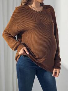 SHEIN Maternity Solid Color Drop Shoulder Round Neck Button-Up Long Sleeve Sweater, Autumn/Winter