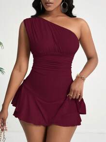 Zolique Women's Shoulder Strap Ruffle Trim Bodycon Romper