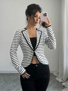 Chiquease V-Neck Striped Blazer Jacket For Women - Multicolor - View 4