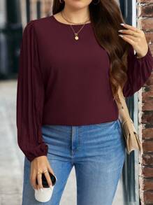 SHEIN LUNE Plus Size Women's Spring Summer Plain Round Neck Pleated Lantern Sleeve Elegant Blouse