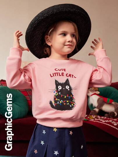 Ung flicka söt svart katt färgglada ljus jul sweatshirt, höstkläder