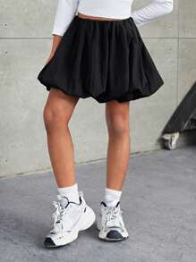 SHEIN Falda mini de diseño de burbuja de cintura baja de unicolor en tela cortaviento para niña, ropa de vuelta al colegio, estilo deportivo, estilo callejero, a juego madre e hija, para Navidad, excelente para uso casual y diario, y en otoño e invierno