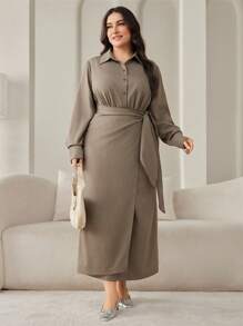 Modelyn Vestido de manga larga con botones delanteros y nudo en unicolor para talla grande - Caqui - Ver 7