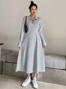 DAZY Robe décontractée à manches longues et à nouer de couleur unie pour femmes, robe de vêtements d'automne - Gris - Voir 1