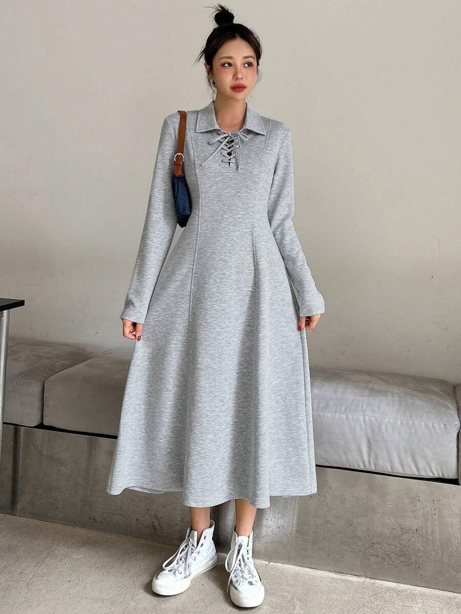 DAZY Robe décontractée à manches longues et à nouer de couleur unie pour femmes, robe de vêtements d'automne - Gris - Voir 1