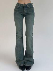 DAZY 女士修身洗水做旧喇叭牛仔裤，秋季 - 深色水洗藍 - 查看 3