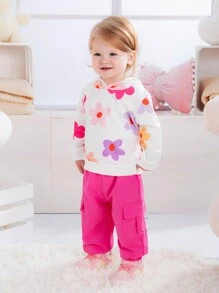 女婴花卉印花连帽运动衫和纯色工装裤套装