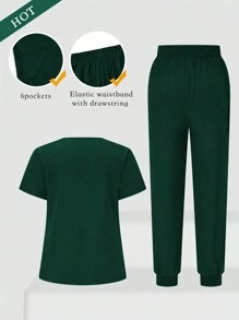 TaskEZ 2pcs Plus Size V-Neck Casual Daily Wear Summer Short Sleeve Top And Pants Set, Plus Size Uniforms & Scrubs