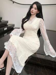 DAZY V-Neck Lace Midi Dress For Women,Ruffle,Fall Clothes Long Sleeve Dress - White - View 1