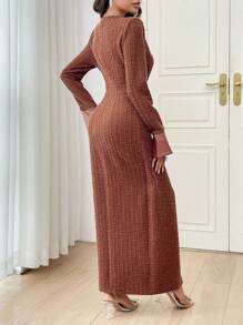 Modelyn 女士纯色 V 领交叉褶饰优雅长袖连衣裙长款晚礼服 - 咖啡棕 - 查看 2