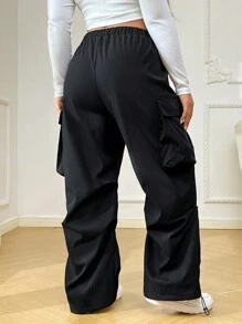 SHEIN EZwear 大码女式松紧腰休闲黑色长裤，带口袋 - 黑色 - 查看 2