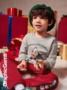 2 件装年轻男孩圣诞老人驯鹿雪人堆叠圣诞树印花运动衫和裤子圣诞服装套装