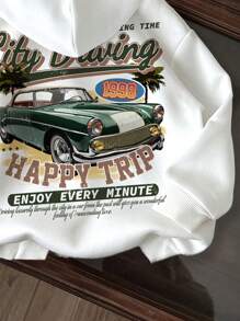 SHEIN 年轻男孩复古汽车图案长袖加厚针织运动衫，休闲舒适，适合秋冬季 - 白色 - 查看 4