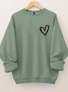 SHEIN CURVE+ Plus Size Women's Heart-Shaped Printed Round Neck Sweatshirt , Graduation, Teachers For Women, Back To School Pullover Fall Winter Autumn - Olive Green - View 1
