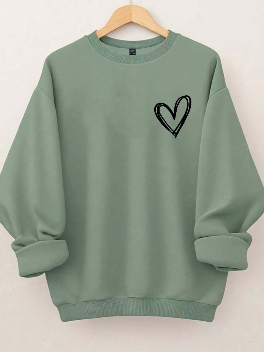 SHEIN CURVE+ Plus Size Women's Heart-Shaped Printed Round Neck Sweatshirt , Graduation, Teachers For Women, Back To School Pullover Fall Winter Autumn - Olive Green - View 1