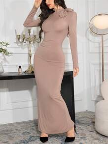 Modelyn Đầm dạ hội dài màu trơn cổ đứng thanh lịch phong cách Trung Đông trang trí đính vải trang trí - Màu Khaki - Xem 4