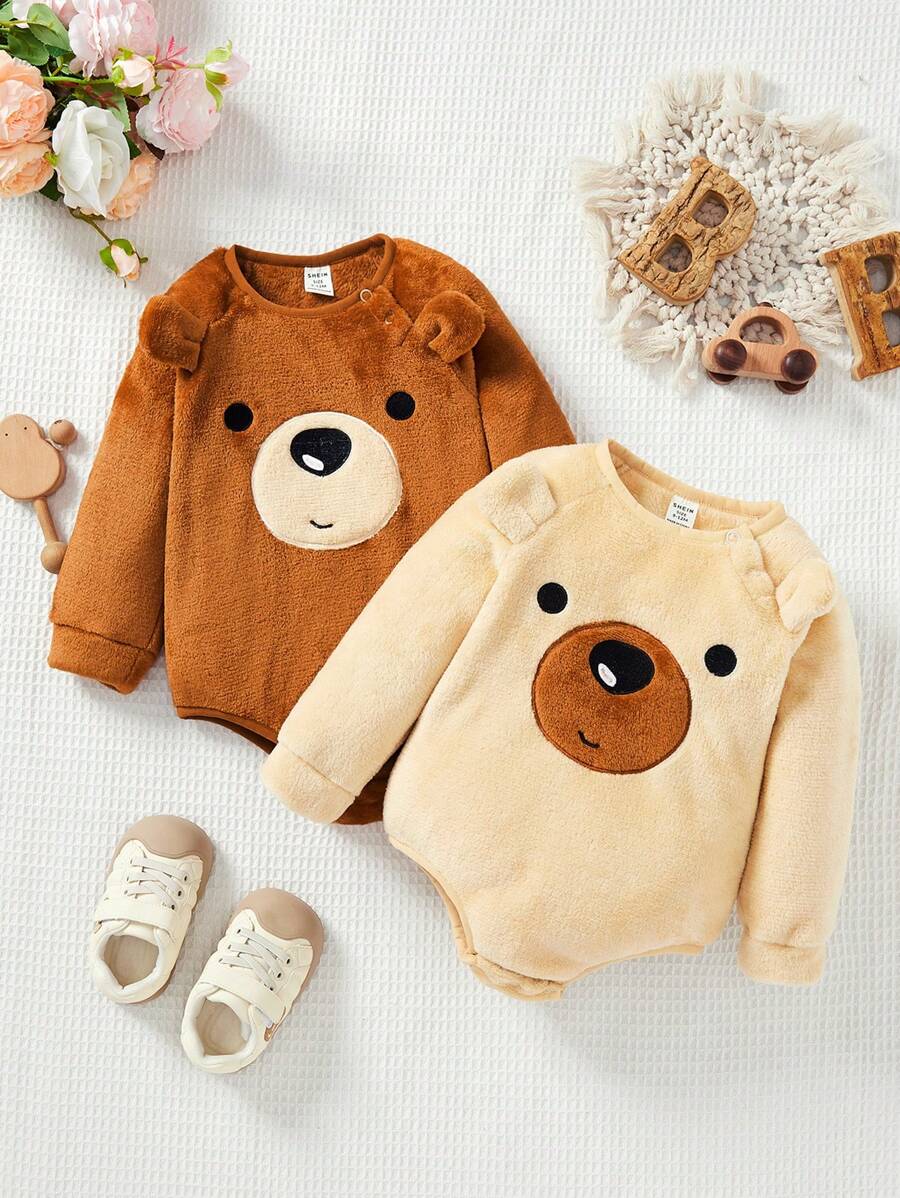SHEIN 2pcs Newborn Baby Girl Adorable Fuzzy Cartoon Print Long Sleeve Bodysuit Set, Autumn & Winter - Multicolor - View 1