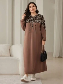 Lacomfia Vestido largo de manga larga con capucha y cordón de ajuste con estampado de leopardo, estilo modesto árabe, para mujer talla grande, para primavera/otoño