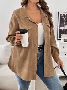 SHEIN Frenchy Abrigo largo de pana con botones, de manga larga, informal, en talla grande, color marrón, para otoño/invierno