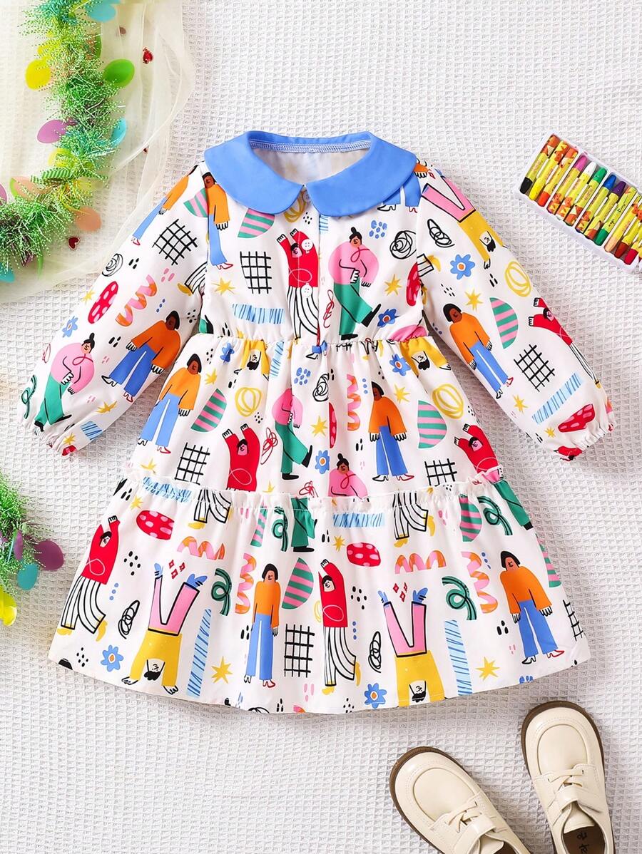 SHEIN Young Girls Blue Collar Portrait Painting Pattern Colorful Fashionable Dress, Suitable For Spring & Autumn - Multicolor - View 1
