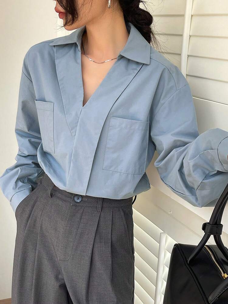 Solid Color Loose Fit Lapel Shirt For Women,Fall Clothes Long Sleeve Top