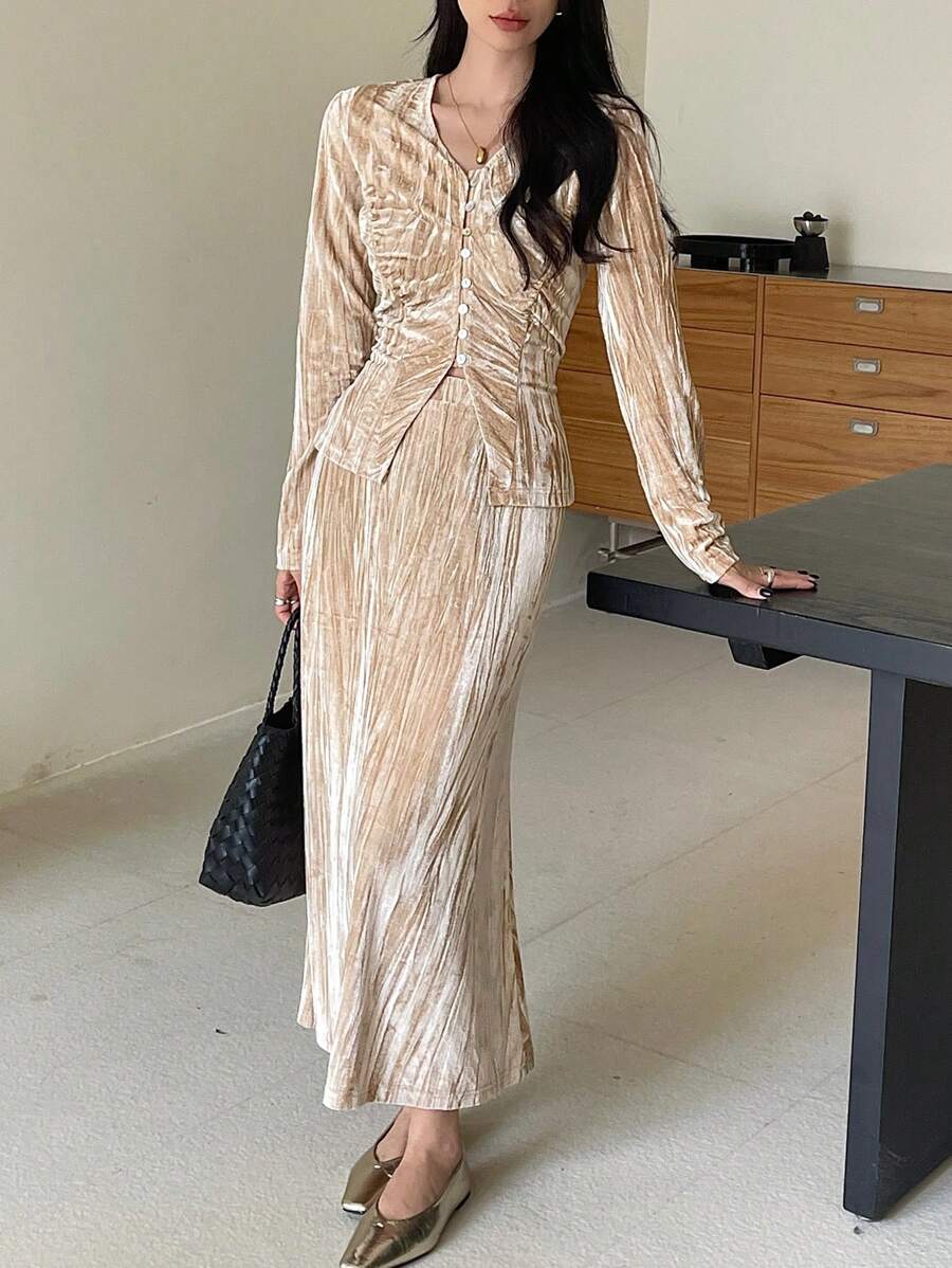 DAZY 2pcs Women Spring Autumn Solid Color Long Sleeve Button Pleated Blouse And Long Skirt Elegant Set,Fall Women Clothes - Khaki - View 1