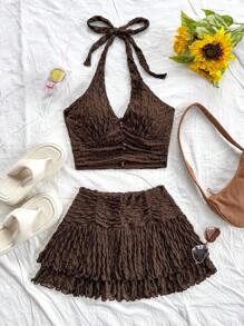 Soleia 针织纹理修身 V 领工字背心上衣和褶皱分层下摆迷你裙女式 2 件套，休闲夏日度假装