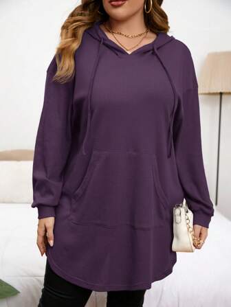 SHEIN Privé Plusstorlek Dam Enfärgad Nedsänkt Axel Långärmad Dragskohuvad Avslappnad Sweatshirt För Höst/Vinter