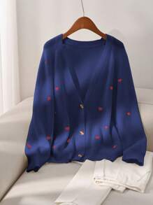 SHEIN Frenchy 大码女式心形图案长袖宽松休闲开衫，适合冬季