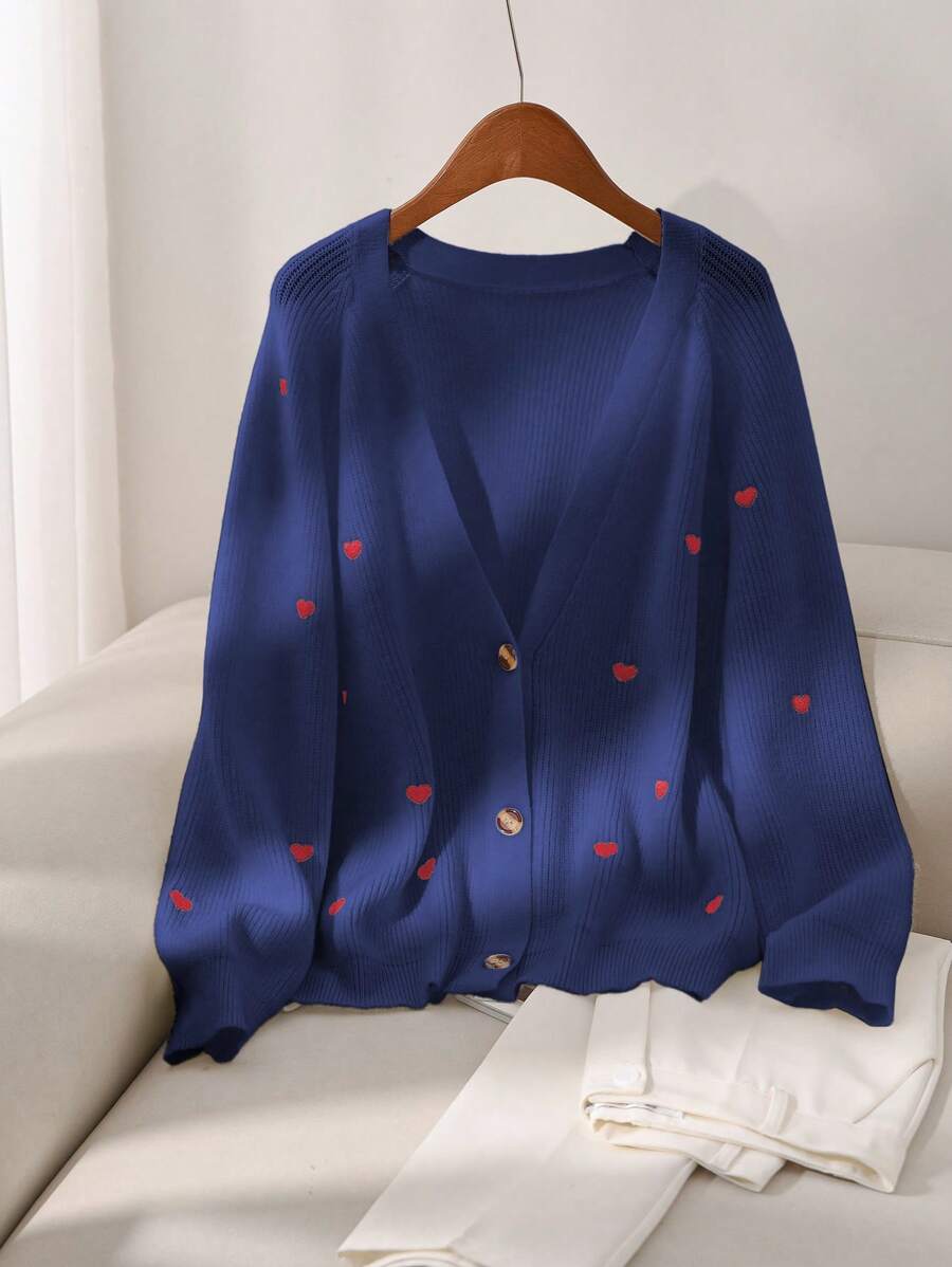 SHEIN Frenchy 大码女式心形图案长袖宽松休闲开衫，适合冬季