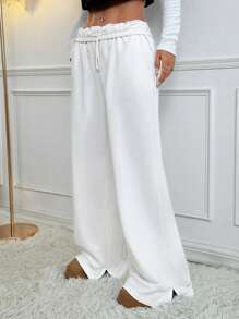 SHEIN EZwear 纯色荷叶边抽绳腰休闲运动裤 - 白色 - 查看 3