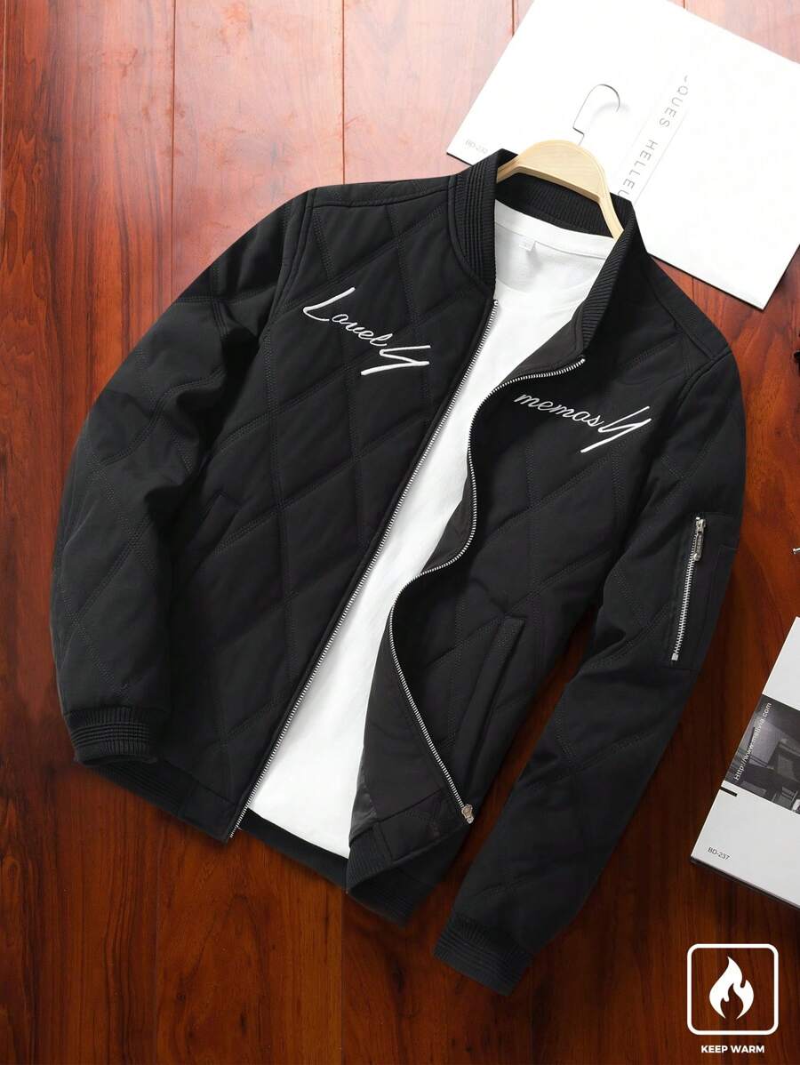 Manfinity Homme Abrigo casual acolchado para hombre, estilo clásico de bombardero, bordado de letras, otoño/invierno - Negro - Ver 1