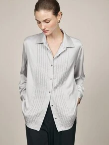 BizChic Grey Satin Finish Long Sleeve Blouse, Elegant Women's Outwear For Party, Holiday, Christmas, New Year, Autumn/Winter, - Grey - View 7