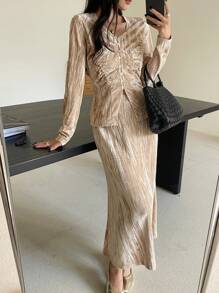 DAZY 2pcs Women Spring Autumn Solid Color Long Sleeve Button Pleated Blouse And Long Skirt Elegant Set,Fall Women Clothes - Khaki - View 8