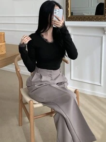 DAZY Áo len nữ cổ chữ V viền ren màu tương phản, ôm vừa vặn, áo dài tay, quần áo trở lại trường, quần áo nữ mùa thu - màu đen - Xem 9
