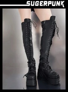 Sugerpunk 女士朋克风厚底过膝长靴，适合春季、春假、复活节和圣诞节穿着。 - 黑色 - 查看 8