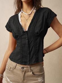 Bohemela Lace Patchwork Vacation Shirt For Women - Black - View 3