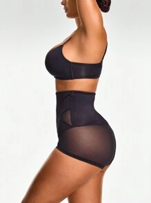 Women Solid Color High Waist Mesh Contrast Shaping Shorts