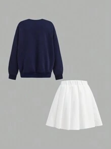 SHEIN 2pcs Teen Girl Knit Solid Color Letter Print Crew Neck Sweatshirt And Anti-Flash Short Pleated Mini Skirt Set - Blue and White - View 2