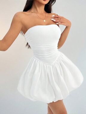 SHEIN PETITE Strapless Solid Color Puffy Lantern Bud Mini Dress