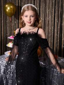 SHEIN 优雅女孩黑色露肩毛皮珠饰连衣裙，适合舞会、派对、万圣节、圣诞节、复活节等节日 - 黑色 - 查看 4