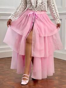 Flirla Plus Size Sweet European Style Palace Tie-Bow Ruffle Layered Skirt With Front Opening, Pink - Pink - View 6