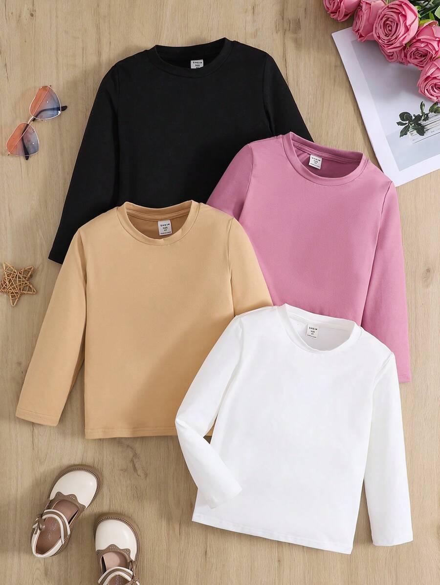 SHEIN Leap Crew 年轻女孩秋冬装 4 件年轻女孩纯色修身休闲 T 恤套装，秋冬季，非常适合休闲、日常穿着和上学。 - 彩色 - 查看 1
