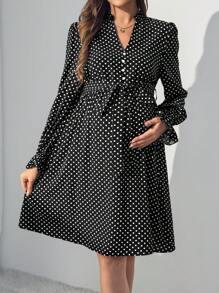 SHEIN Maternity Polka Dot Print Flare Sleeve Belted Dress - Black - View 6