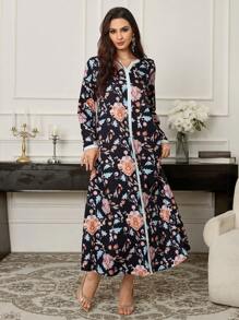 Al Najma Solid Color Splice Notched Neck Long Sleeve Modest Dress, Casual Daily Wear - Black - View 4