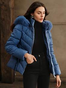 Anewsta Women's Fashionable Minimalist Solid Color Zip-Up Fluffy Trim Hooded Casual Jacket - Blue - View 2